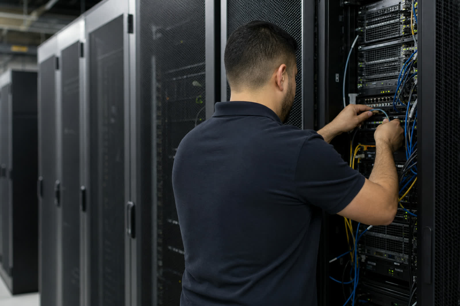 Engineer connecting network cabling in a server room