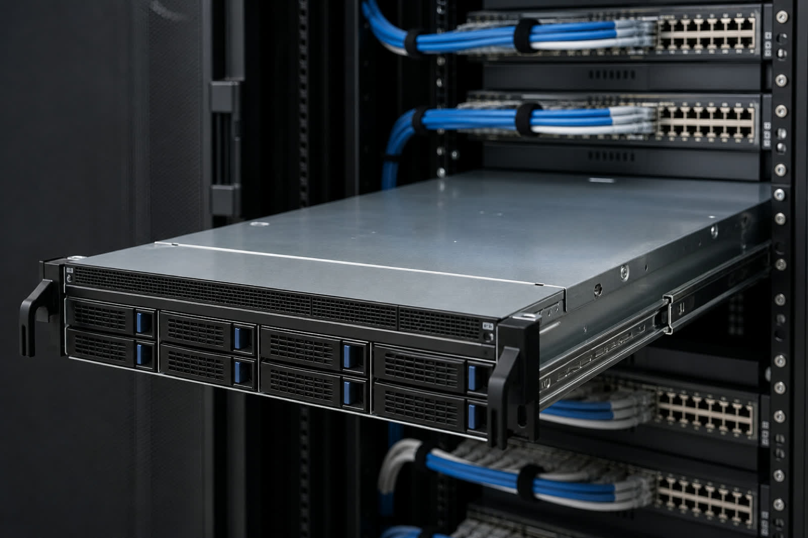 Enterprise rack server with hot-swap drive bays in a server rack